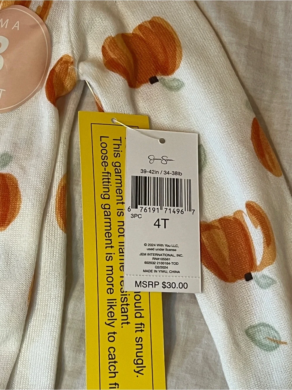 SOLD 4T Kids Pumpkin Print Pajama Set - 3 Piece NWT
